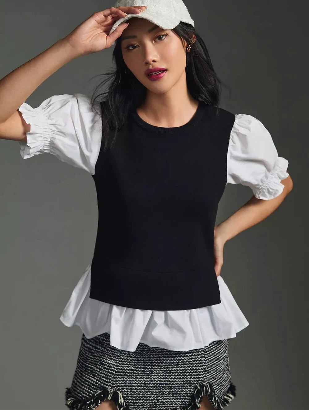 Anthropologie Puff Sleeve Shirttail Sweater Vest Top sz M Black White Preppy